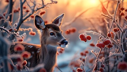 Wall Mural - Serene winter landscape featuring a curious deer among frosted red berries illuminated by warm light