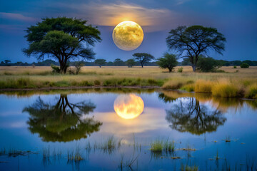 A large moon is reflected in the water of a pond. The scene is peaceful and serene