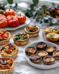 Wall Mural - A festive spread of colorful vegetable tarts and mini pumpkins on a table.