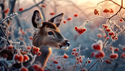 Wall Mural - Serene winter landscape featuring a curious deer among frosted red berries illuminated by warm light