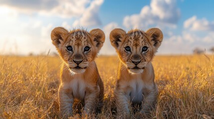 young lion cubs curiously exploring savanna ultrawide angle view emphasizing their playful expressions golden grass and vast african sky in background