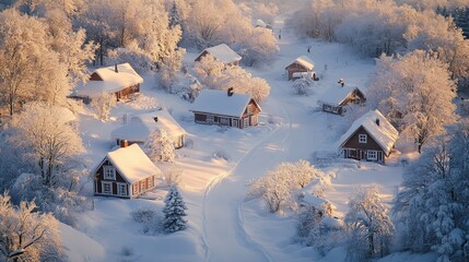 Wall Mural - Scenic Winter Village Covered in Snow at Sunrise with Frosty Trees and Cozy Cottages Image