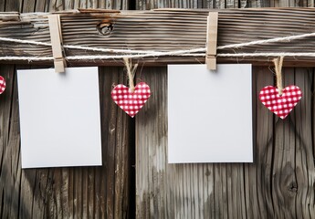 Blank White Cards Hanging On Clothesline With Red Hearts