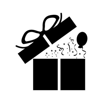 Open gift box icon with balloon and confetti