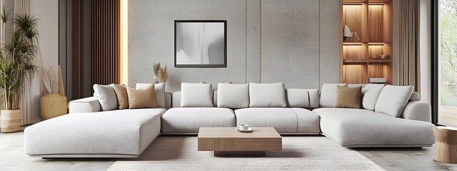 Wall Mural - Cozy and inviting modern living room with a large comfortable sectional sofa and minimalist stylish decor  The color accent pieces and decor create a cohesive look