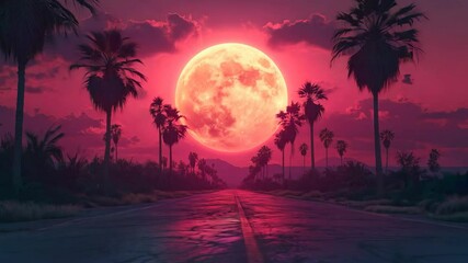 Canvas Print - a large red moon is in the sky above a road with palm trees in the background. the scene is serene a