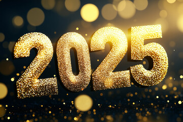 illustration of the number 2025 in gold glitter against dark background