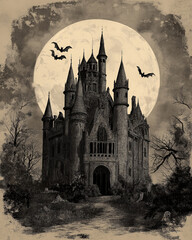 Vintage engraved Halloween castle, Vector illustration of mystical haunted castle in engraving style