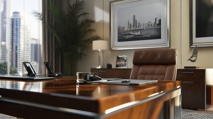 Elegantly Designed Corporate Office Interior with Cityscape Artwork