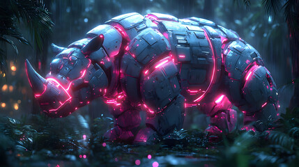 Wall Mural - Cyberpunk Rhino in Rainforest Digital Illustration