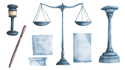 Elegant watercolor clipart collection featuring soft gray and pale blue Scales of Justice, courtroom elements, legal documents, gavel, and lawyer's desk, ideal for legal themes.