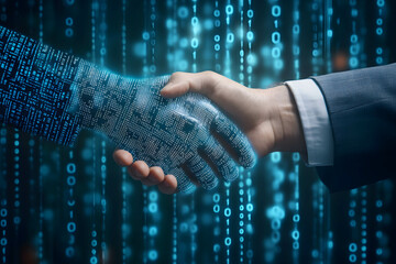 Close-up of a digital handshake between a robot and a human.