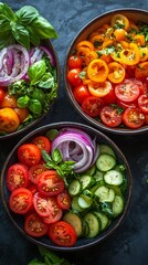 Vibrant salad bowls brimming with tomatoes, onions, and other garden-fresh ingredients