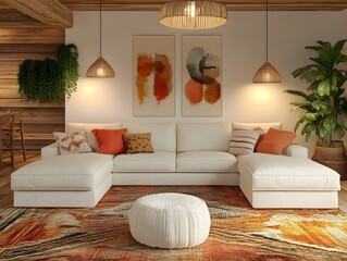 Wall Mural - Cozy and inviting modern living room with a large comfortable sectional sofa and minimalist stylish decor pops of vibrant color in textiles natural wood and greenery elements soft diffused lighting