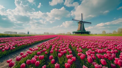 A vibrant field of pink tulips with a traditional windmill under a cloudy sky.