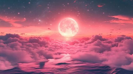 Wall Mural - a pink moon is in the sky above a body of water. the sky is filled with clouds and stars