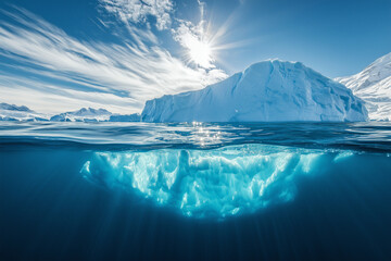 Fototapete - huge white iceberg on the surface of the ocean. block of ice , glacier melting concept. Generative AI