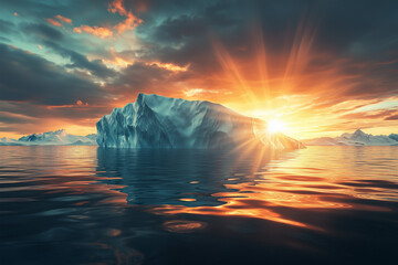 huge white iceberg on the surface of the ocean on sunset. block of ice , glacier melting concept. Generative AI