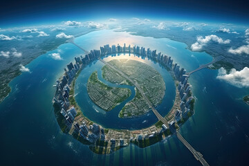 Wall Mural - Futuristic city aerial view at sunny day. Round structure of sci-fi metropolis from the bird view