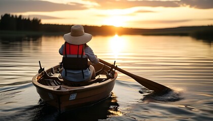 Serene sunset on a calm lake as a person rows a boat, wearing a hat and life jacket, creating a tranquil and picturesque scene