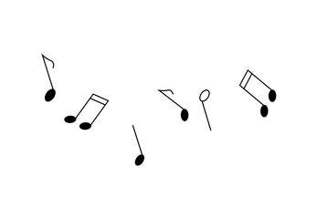 Simple black music notes on a white background scattered randomly around. Ideal for music education graphics, musical event flyers, app icons, wallpaper design, and stationary decoration. Minimalist