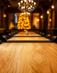 Wall Mural - Wooden tabletop with a bokeh background of a restaurant with christmas decorations