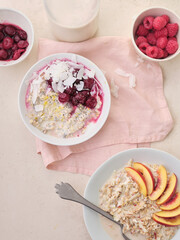 Overnight oats with various toppings. Fitness healthy organic breakfast in a bowl