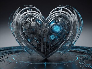 Poster - Large, transparent heart-shaped structure made of glass or crystal, with intricate mechanical and technological elements inside. Heart illuminated from within, giving it glowing, futuristic