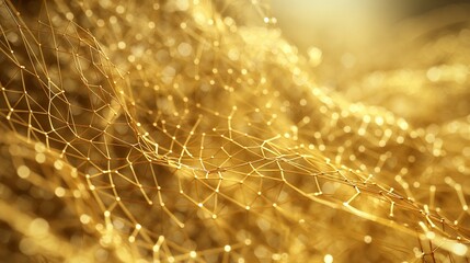 An intricate web of golden threads, woven tightly together to form a dense, textured backdrop that glimmers mysteriously in the light.