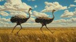 © rawdesign - Two Ostriches Running Through Golden Grass