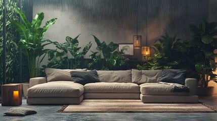 Wall Mural - Cozy and inviting 3D rendered modern living room with a large comfortable sectional sofa minimalist stylish decor lush indoor plants and natural textures in muted color tones