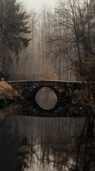 Sticker - Stone Arch Bridge Over a Misty River in a Tranquil Forest