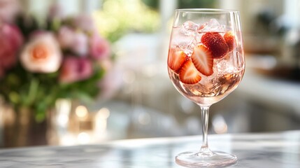 Wall Mural - a glass of pink drink with ice and strawberries on a marble surface, with a blurred bouquet of flowe