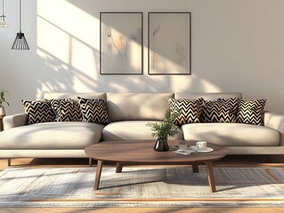 Wall Mural - Cozy and Elegant Living Room with Wooden Furniture Decorative Vase and Lush Greenery  Minimalist and Contemporary Design with Warm Lighting and Inviting Ambiance