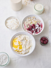 Overnight oats with various toppings. Fitness healthy organic breakfast in a bowl