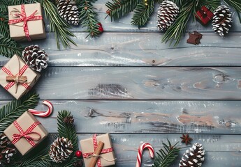 Christmas Gifts & Pine Branches On Wood Background