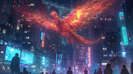 Canvas Print - Phoenix Rising Over a Neon City