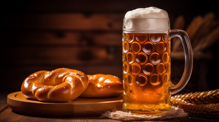 Wall Mural - Frothy beer with soft pretzel on a wooden table for Oktoberfest celebration