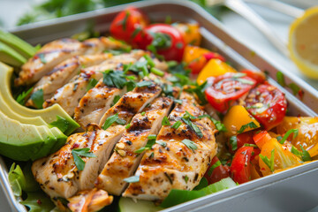 Wall Mural - A plate of grilled chicken, tomatoes, and avocado