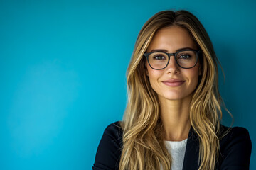 A smiling businesswoman with long blonde hair and glasses on a blue background.