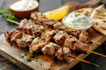 Wall Mural - A plate of grilled meat with a side of lemon and a bowl of sauce