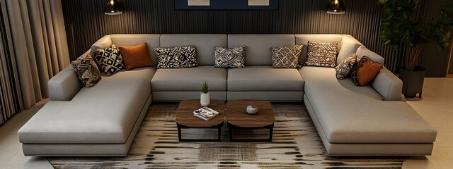 Visually appealing and inviting contemporary lounge with an oversized L shaped couch patterned throw pillows mid century modern furnishings and soft ambient lighting