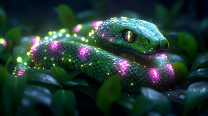 Wall Mural - Green Snake with Glowing Scales 3D Illustration