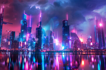 Wall Mural - A city skyline with neon lights and a reflection of the city in the water