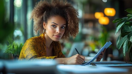 A young woman with curly hair sits in a cafe writing in a notebook, looking intently at the page.