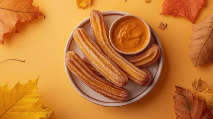 Wall Mural - A plate of churros with a pumpkin dip, surrounded by autumn leaves on a vibrant background.