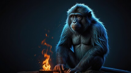 Sticker - A thoughtful ape sits by a fire