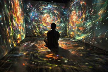 A person sitting in a dark room. The room is filled with swirling, colorful patterns The patterns are representing the person's thoughts, which are racing and chaotic