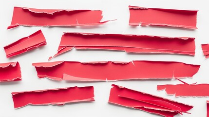 Canvas Print - Assorted ripped strips of red paper, each with distinctly frayed edges, arranged in a random pattern and isolated on a white background.
