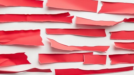 Canvas Print - Assorted ripped strips of red paper, each with distinctly frayed edges, arranged in a random pattern and isolated on a white background.